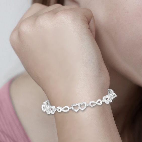 Thumbnail Image 2 of Diamond Double Heart & Infinity Link Bracelet 1/10 ct tw Sterling Silver 7"