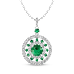 Lab-Created Emerald & White Lab-Created Sapphire Double Halo Necklace Sterling Silver 18"