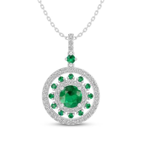 Lab-Created Emerald & White Lab-Created Sapphire Double Halo Necklace Sterling Silver 18"