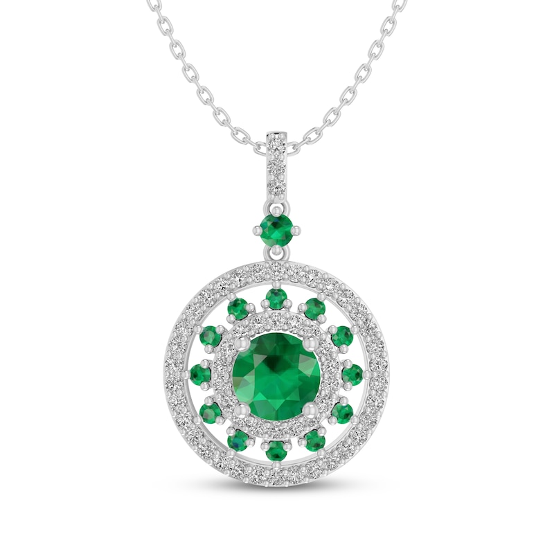 Main Image 1 of Lab-Created Emerald & White Lab-Created Sapphire Double Halo Necklace Sterling Silver 18"
