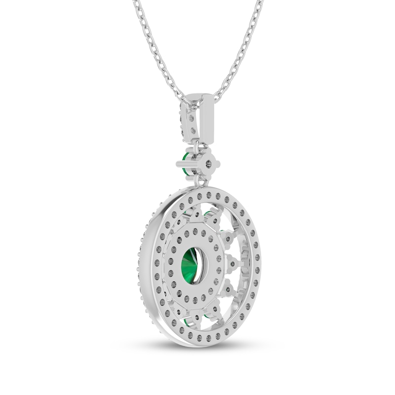 Main Image 3 of Lab-Created Emerald & White Lab-Created Sapphire Double Halo Necklace Sterling Silver 18"