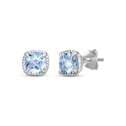 Cushion-Cut Sky Blue Topaz Rope-Twist Frame Stud Earrings Sterling Silver