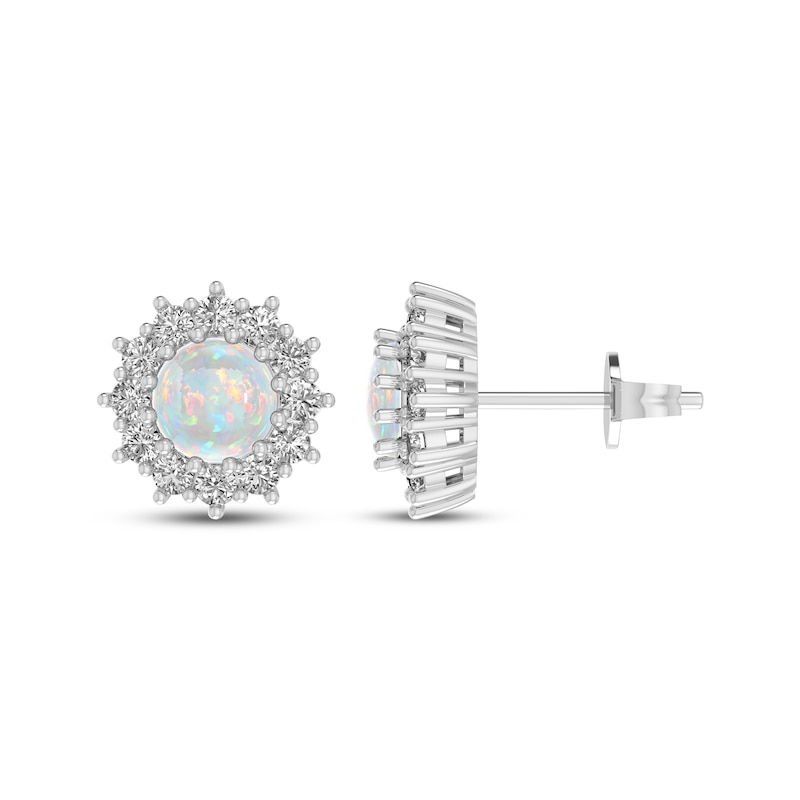 Main Image 1 of Lab-Created Opal & White Lab-Created Sapphire Starburst Halo Stud Earrings Sterling Silver