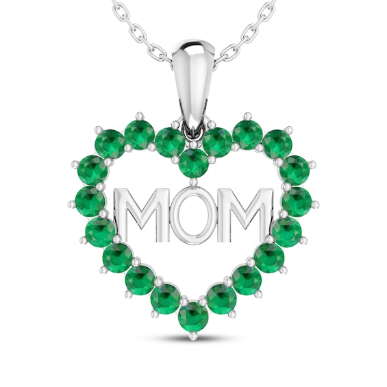 Lab-Created Emerald Heart "Mom" Necklace Sterling Silver 18"
