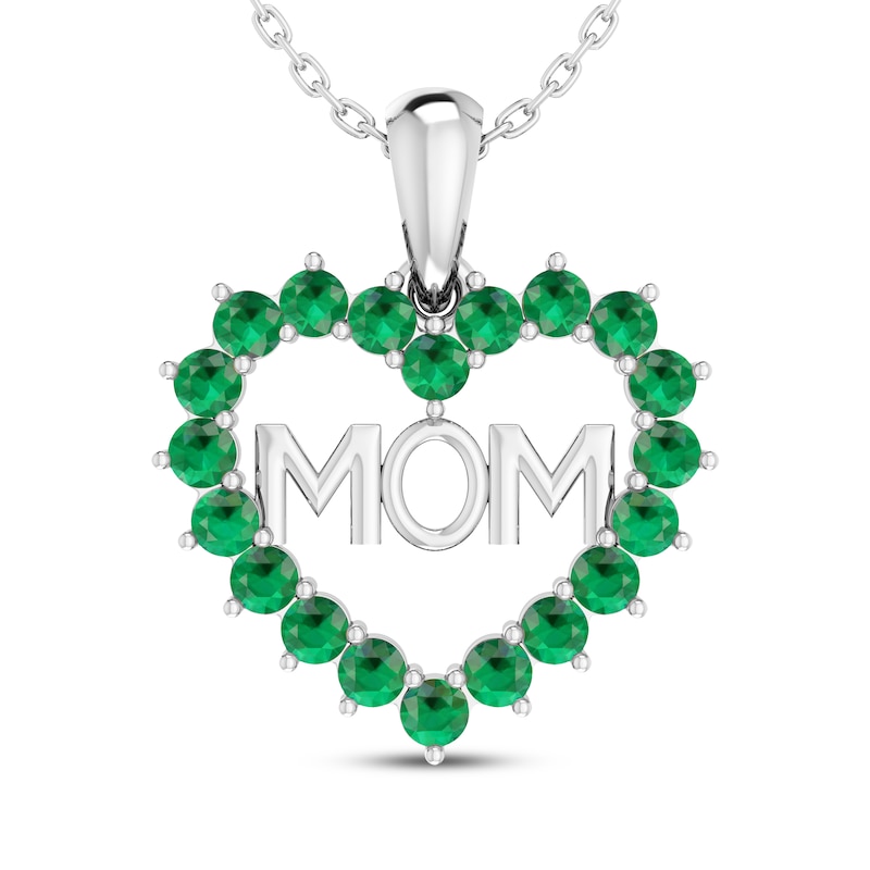 Main Image 1 of Lab-Created Emerald Heart "Mom" Necklace Sterling Silver 18"