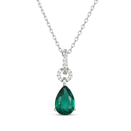 Pear-Shaped Lab-Created Emerald & White Lab-Created Sapphire Drop Necklace Sterling Silver 18"