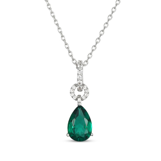 Pear-Shaped Lab-Created Emerald & White Lab-Created Sapphire Drop Necklace Sterling Silver 18"