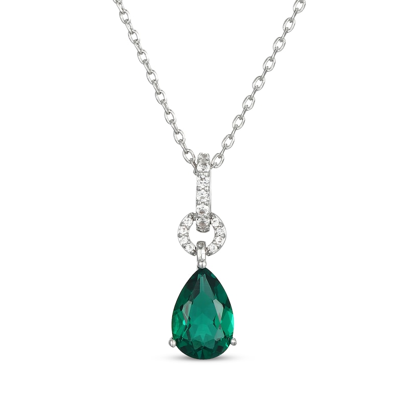 Main Image 1 of Pear-Shaped Lab-Created Emerald & White Lab-Created Sapphire Drop Necklace Sterling Silver 18"