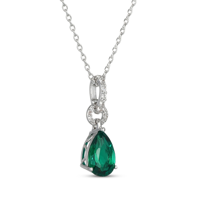 Main Image 2 of Pear-Shaped Lab-Created Emerald & White Lab-Created Sapphire Drop Necklace Sterling Silver 18"