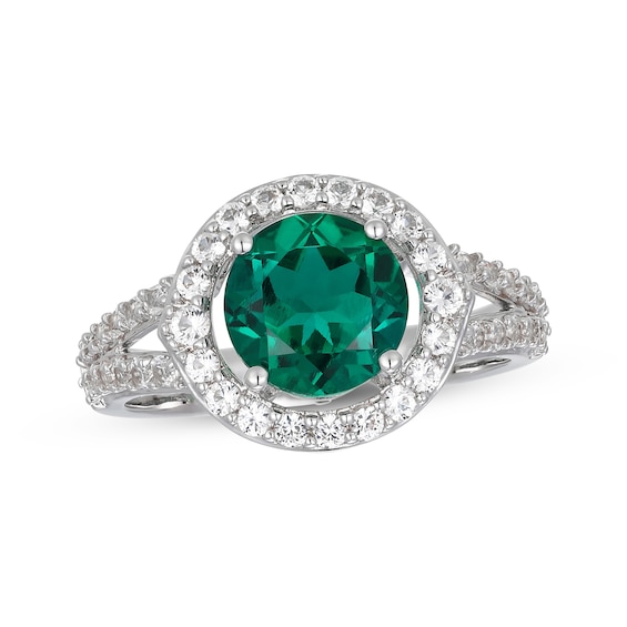 Lab-Created Emerald & White Lab-Created Sapphire Halo Ring Sterling Silver