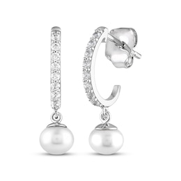 Cultured Pearl & White Lab-Created Sapphire J-Hoop Earrings Sterling Silver