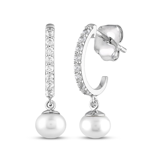 Cultured Pearl & White Lab-Created Sapphire J-Hoop Earrings Sterling Silver