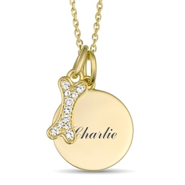Engravable Round Disc with Lab-Created White Sapphire Dog Bone Necklace (1-3 Lines)