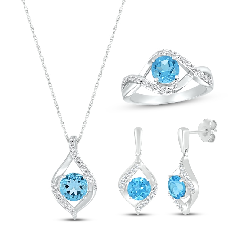 Main Image 1 of Swiss Blue Topaz & White Lab-Created Sapphire Round Gift Set Sterling Silver - Size 7