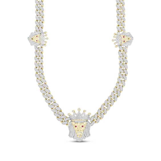Men's Diamond & Lab-Created Ruby Lion with Crown Necklace 2 ct tw 10K Yellow Gold 20"