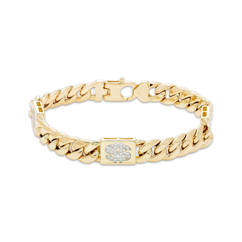 Main Image 1 of Men's Diamond Dollar Sign Solid Cuban Curb Chain Bracelet 3/8 ct tw 10K Yellow Gold 8.5&quot;