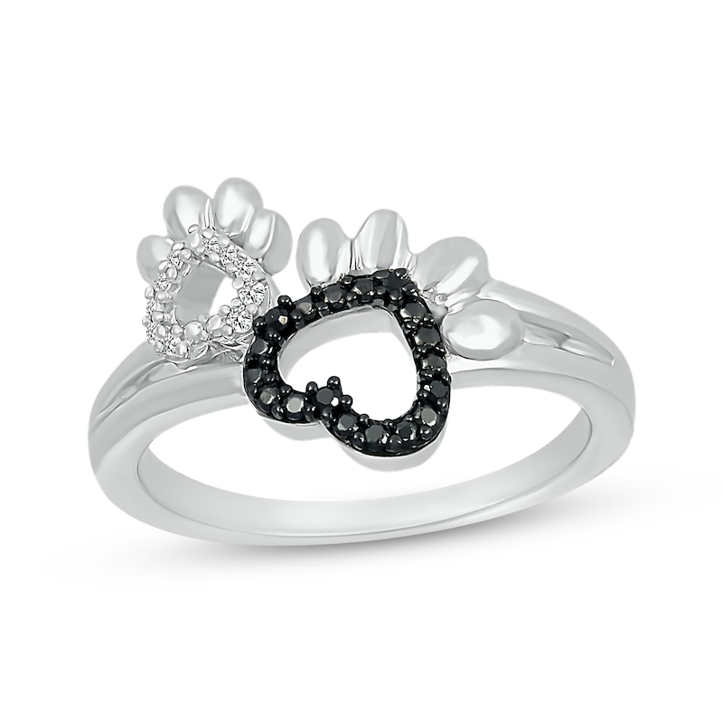 Black & White Diamond Dog Paw Print Heart Ring 1/20 ct tw Sterling Silver