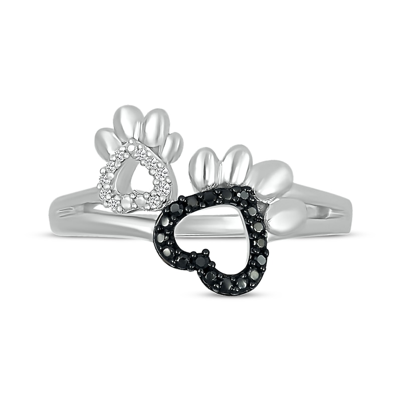 Black & White Diamond Dog Paw Print Heart Ring 1/20 ct tw Sterling Silver