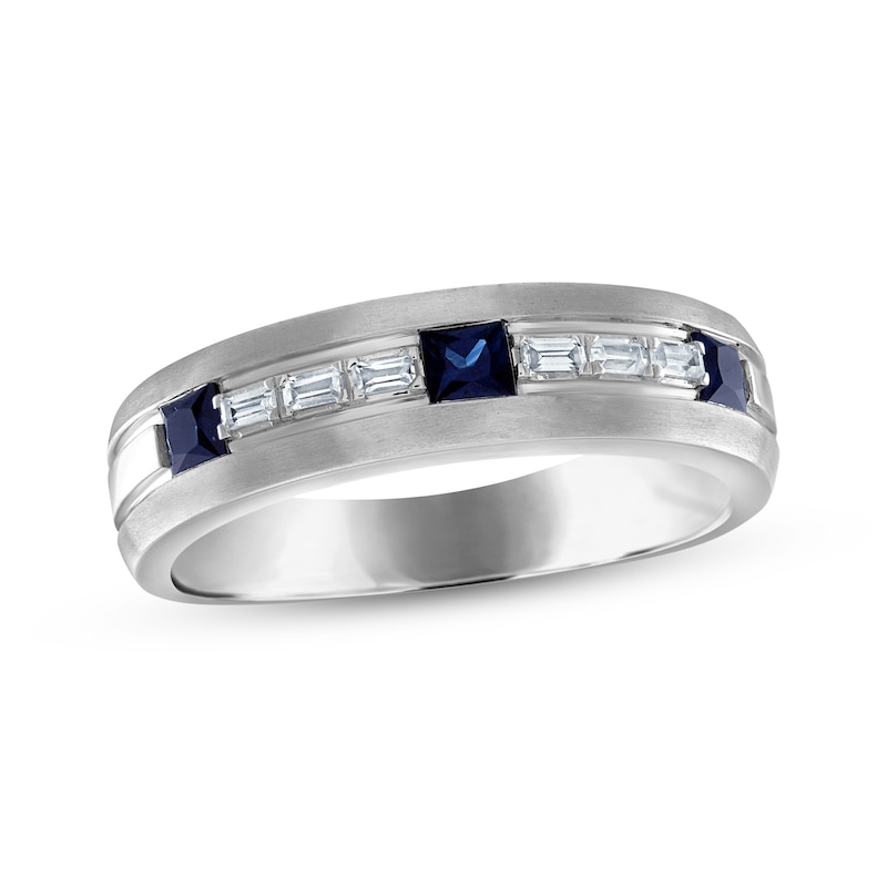 Men's Square-Cut Blue Sapphire & Baguette-Cut Diamond Wedding Band 1/8 ct tw 10K White Gold