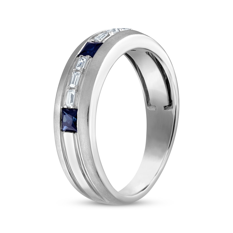 Main Image 2 of Now + Forever Men's Square-Cut Blue Sapphire & Baguette-Cut Diamond Wedding Band 1/8 ct tw 10K White Gold