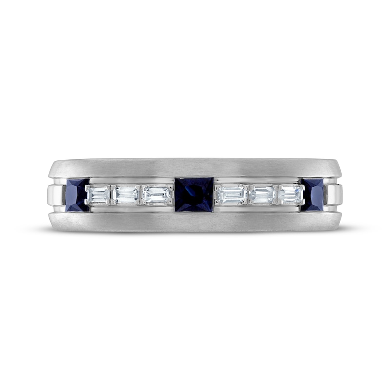 Main Image 3 of Now + Forever Men's Square-Cut Blue Sapphire & Baguette-Cut Diamond Wedding Band 1/8 ct tw 10K White Gold