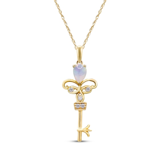 Pear-Shaped Opal & Diamond Key Necklace 1/20 ct tw 10K Yellow Gold 18"