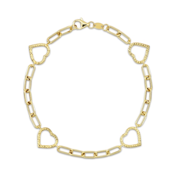 Textured Heart Outline Link Paperclip Chain Bracelet Hollow 10K Yellow Gold 7.5"