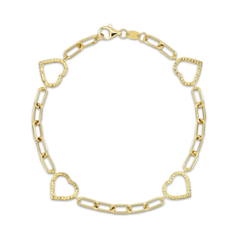 Hollow Textured Heart Outline Link Paperclip Chain Bracelet 10K Yellow Gold 7.5"