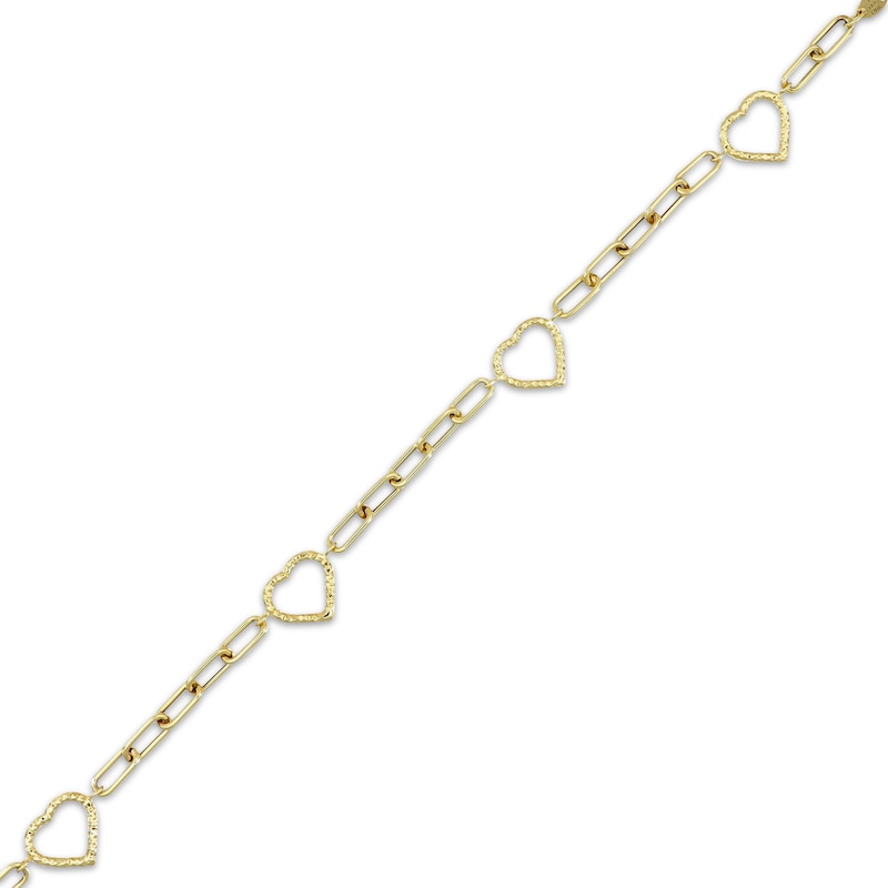 Hollow Textured Heart Outline Link Paperclip Chain Bracelet 10K Yellow Gold 7.5"