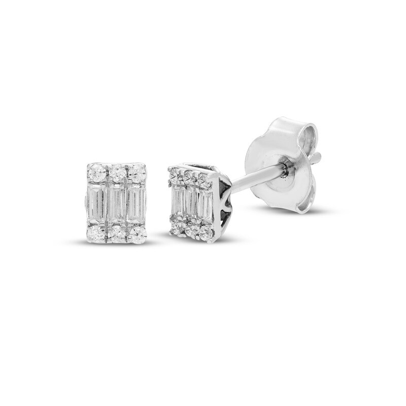 Main Image 1 of Baguette & Round-Cut Multi-Diamond Stud Earrings 1/6 ct tw 10K White Gold