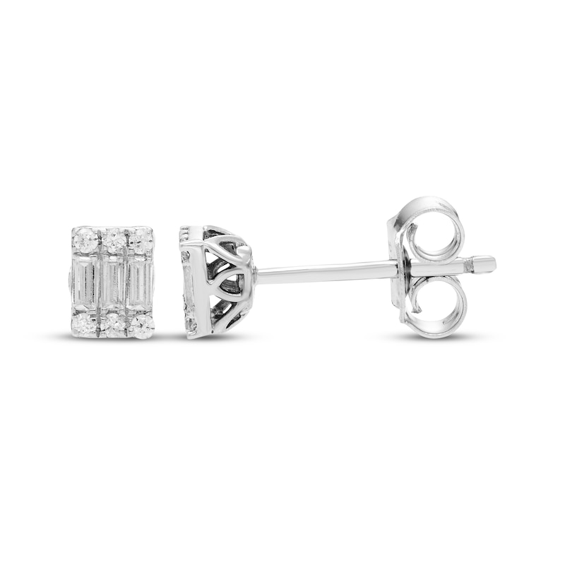 Main Image 3 of Baguette & Round-Cut Multi-Diamond Stud Earrings 1/6 ct tw 10K White Gold