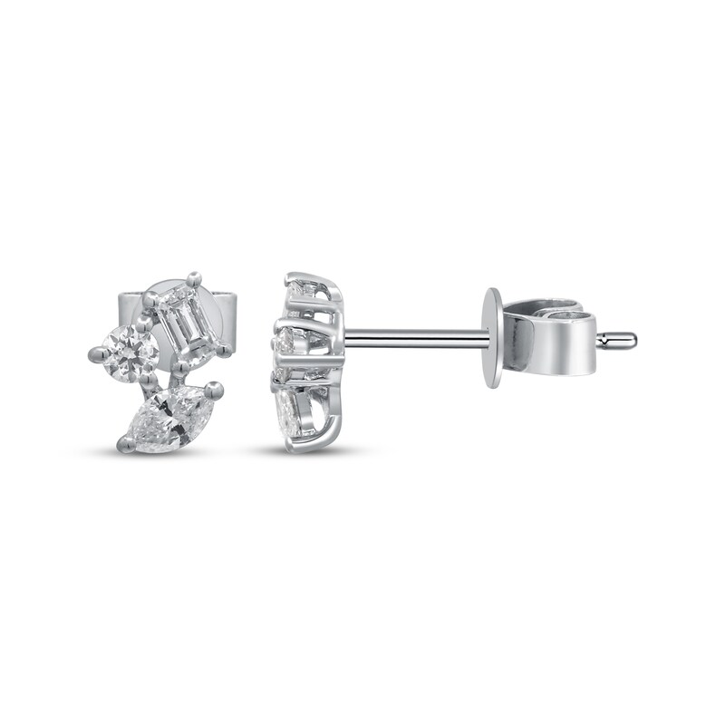 Main Image 3 of Marquise, Baguette & Round-Cut Diamond Scatter Stud Earrings 3/8 ct tw 10K White Gold