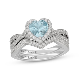 Neil Lane Heart-Shaped Aquamarine & Diamond Halo Bridal Set 1/2 ct tw 14K White Gold