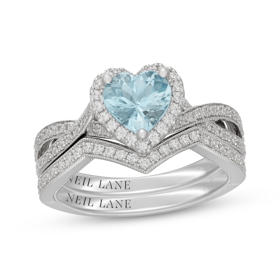 Neil Lane Heart-Shaped Aquamarine & Diamond Halo Bridal Set 1/2 ct tw 14K White Gold