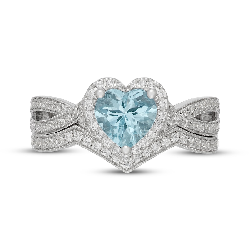 Main Image 3 of Neil Lane Heart-Shaped Aquamarine & Diamond Halo Bridal Set 1/2 ct tw 14K White Gold