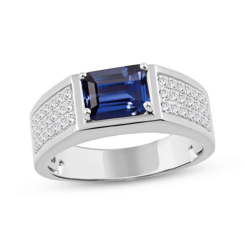Main Image 1 of Men's Emerald-Cut Lab-Created Blue Sapphire & Diamond Ring 1/2 ct tw 10K White Gold