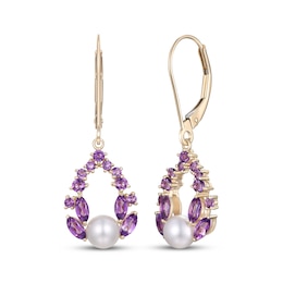 Cultured Pearl & Amethyst Dangle Earrings 10K Yellow Gold