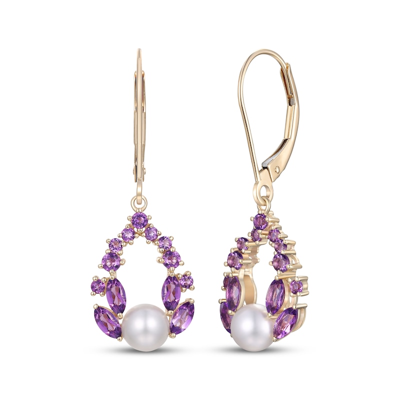 Main Image 1 of Cultured Pearl & Amethyst Dangle Earrings 10K Yellow Gold