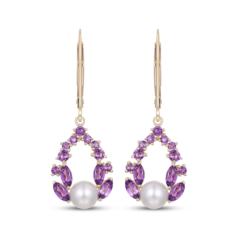Main Image 2 of Cultured Pearl & Amethyst Dangle Earrings 10K Yellow Gold