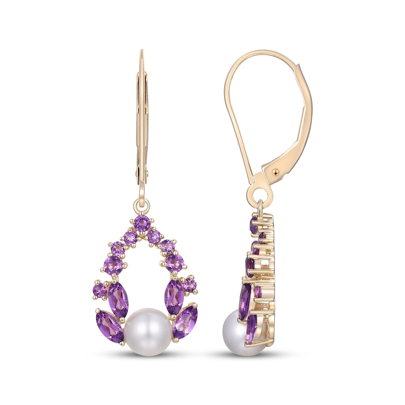 Main Image 3 of Cultured Pearl & Amethyst Dangle Earrings 10K Yellow Gold