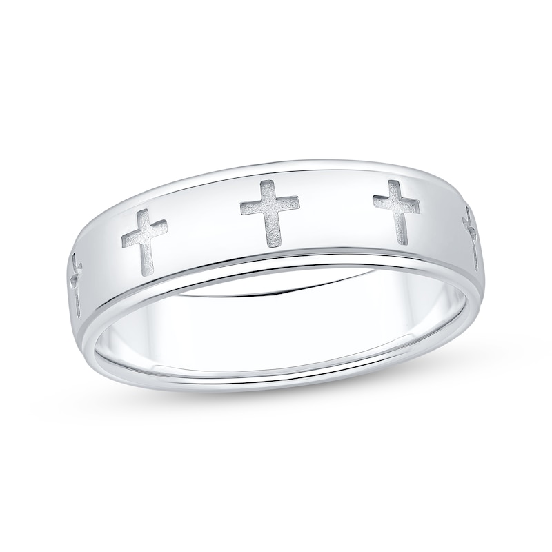 Main Image 1 of Now + Forever Men's Cross Imprint Wedding Band 10K White Gold 5.9mm