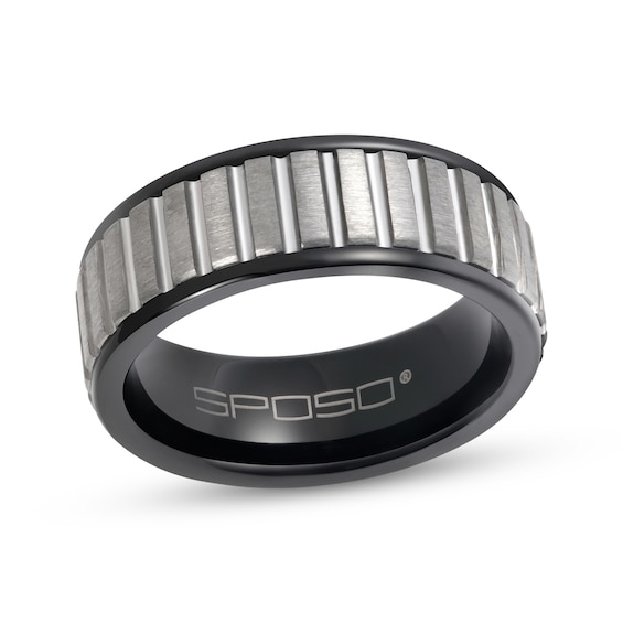 Now + Forever Men's Satin Finish Ribbed Wedding Band Black & Gray Tungsten Carbide 8mm
