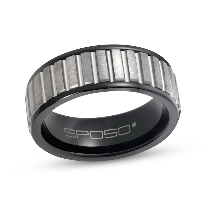 Main Image 1 of Now + Forever Men's Satin Finish Ribbed Wedding Band Black & Gray Tungsten Carbide 8mm