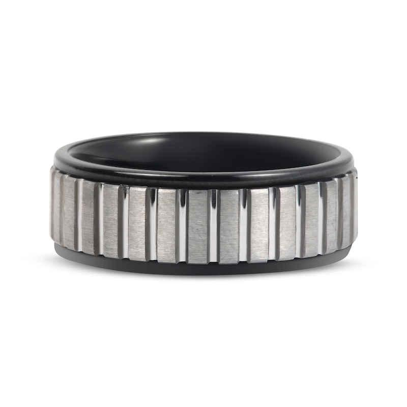 Main Image 3 of Now + Forever Men's Satin Finish Ribbed Wedding Band Black & Gray Tungsten Carbide 8mm