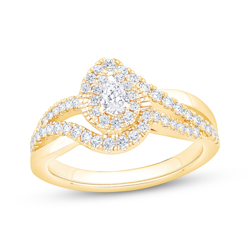 Main Image 1 of Now + Forever Pear-Shaped Diamond Halo Bypass Engagement Ring 5/8 ct tw 14K Yellow Gold