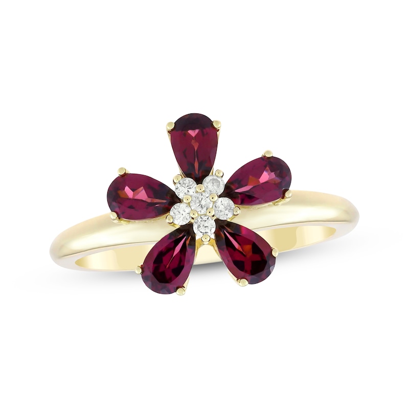 Main Image 1 of Pear-Shaped Rhodolite Garnet & Diamond Flower Ring 1/15 ct tw 10K Yellow Gold