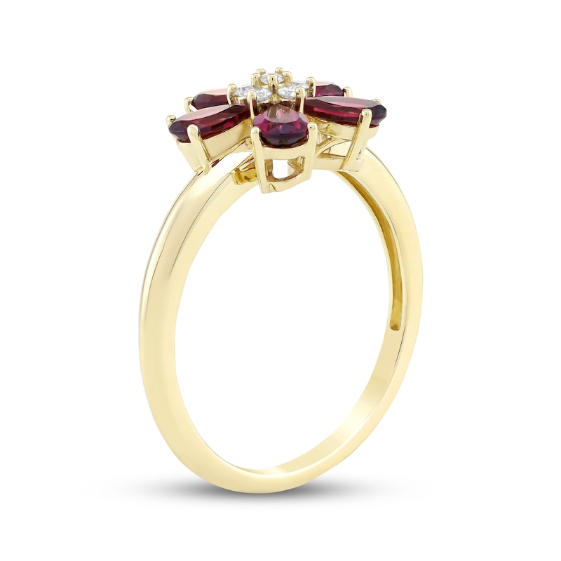 Main Image 2 of Pear-Shaped Rhodolite Garnet & Diamond Flower Ring 1/15 ct tw 10K Yellow Gold