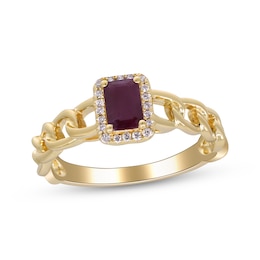 Emerald-Cut Natural Ruby & Diamond Chain Link Ring 1/10 ct tw 10K Yellow Gold
