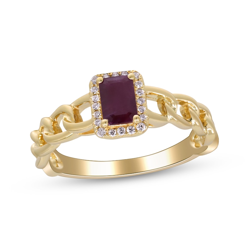 Main Image 1 of Emerald-Cut Natural Ruby & Diamond Chain Link Ring 1/10 ct tw 10K Yellow Gold