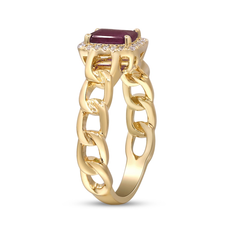 Main Image 2 of Emerald-Cut Natural Ruby & Diamond Chain Link Ring 1/10 ct tw 10K Yellow Gold